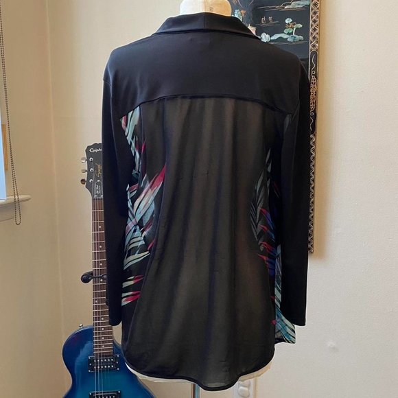 Black Sheer Palm Leaves Blouse Drape Cover Up by Dana Buchman. Size M. - Picture 2 of 3